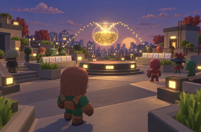 A character faces a glowing fishbowl at the center of a rooftop arena, surrounded by diverse avatars, as stylized traders gather for a competitive showdown that mirrors the upcoming "World Fights" event where two worlds' token markets compete against each other.