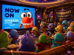 A scene from a Claymates-themed movie theater showing various clay characters watching an ad for Amazon Prime featuring the Claymation mascot.