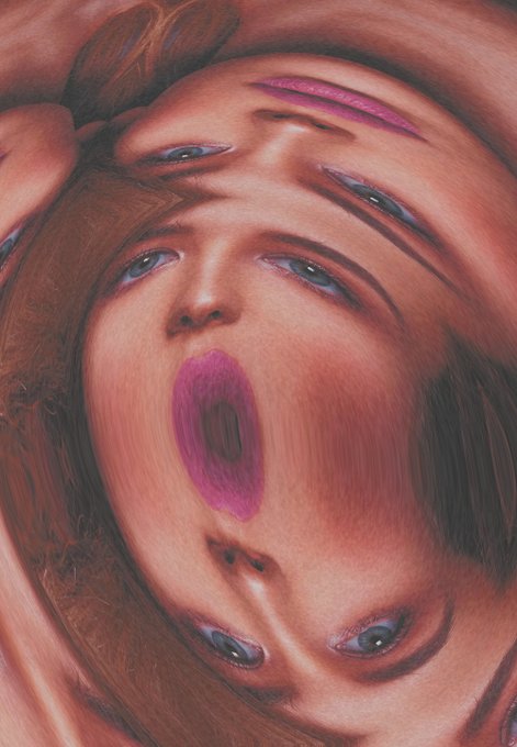 A surrealist oil painting featuring overlapping and distorted faces of a woman with bright magenta lipstick, blue eyes, and reddish-brown hair, creating a dreamlike, mirrored effect.