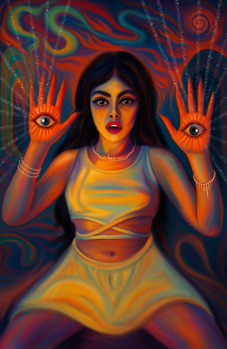 A vibrant, surreal digital painting of a woman holding up both hands, each displaying an eye in the center of the palm, set against a swirling, colorful background.