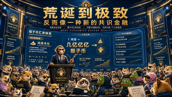 Satirical meme-style poster about cryptocurrency with Chinese text '荒诞到极致，反而是一种新的共识金融' and 'MEME ECONOMICS BECAME REALITY,' showing cartoon animals (dogs, Pepe frog) at a financial conference with an ape speaker.