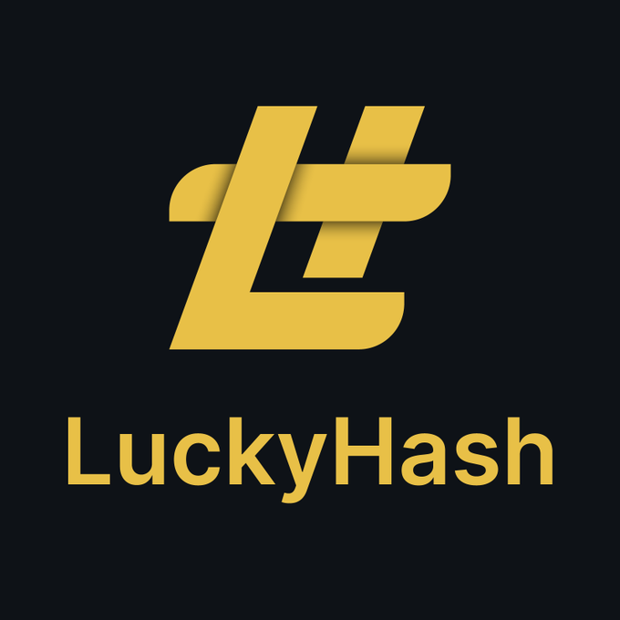The LuckyHash logo featuring a stylized golden 'L' with horizontal lines on a black background, with the brand name 'LuckyHash' displayed below.