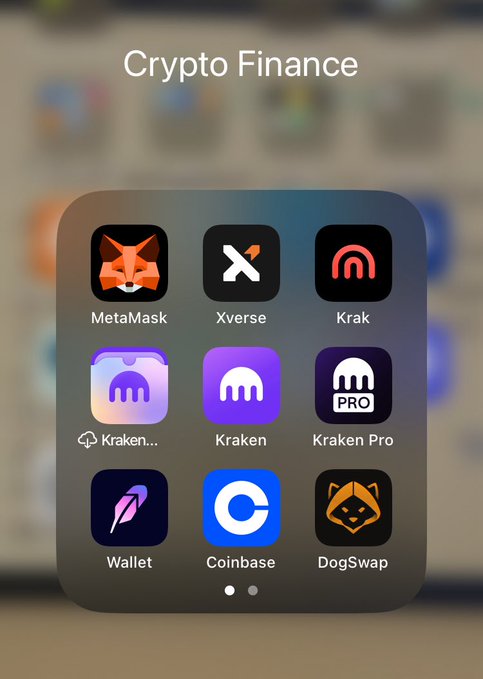 A smartphone home screen folder titled 'Crypto Finance' displays app icons including MetaMask, Xverse, Kraken, Kraken Pro, Wallet, Coinbase, and DogSwap.