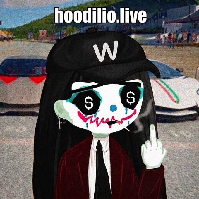 An illustrated character with long black hair, a black 'W' cap, and a creepy smiling mask with dollar signs for eyes, wearing a red suit and flipping the middle finger, with the text 'hoodilio.live' at the top, against a blurred background of a white car.