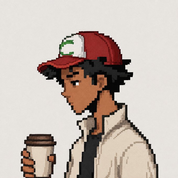 A pixel art illustration shows a character in profile wearing a red and white cap with a green "C" logo, holding a coffee cup, paired with the "gm and happy Wednesday" greeting to convey a casual, morning coffee vibe.