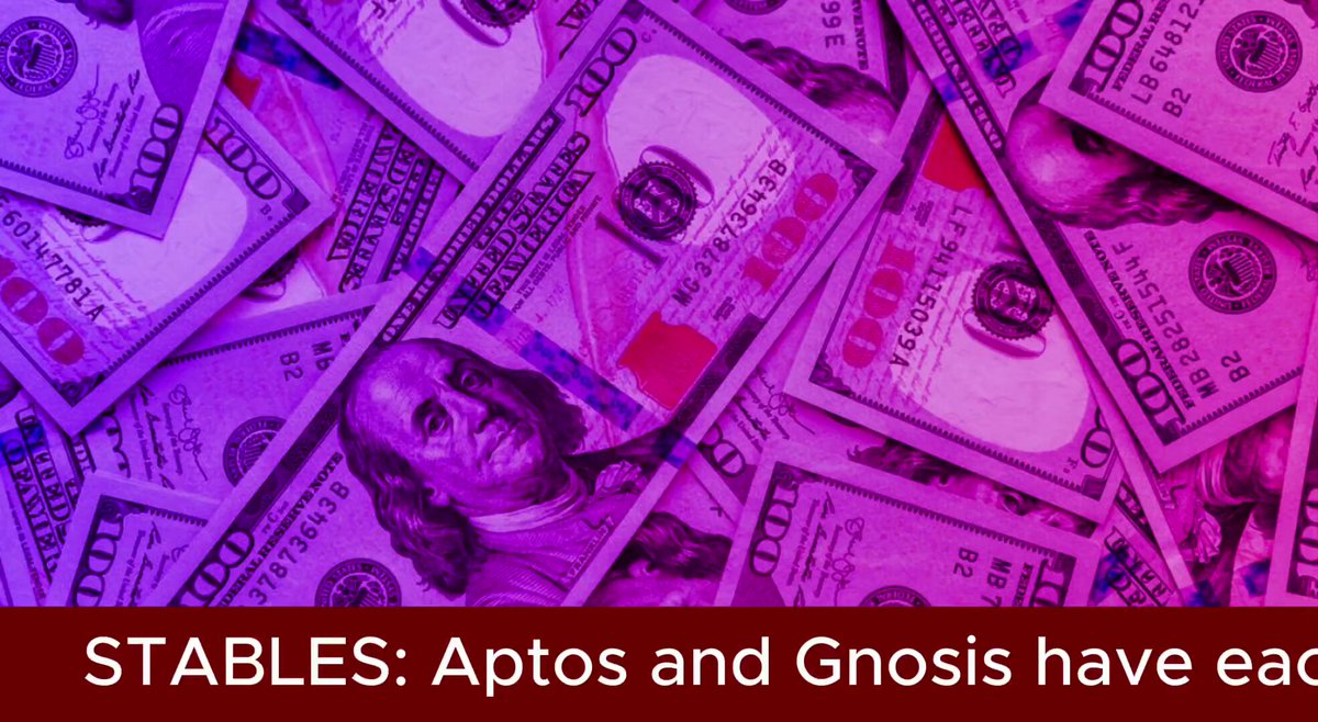 The image shows a close-up view of a bunch of $100 bills, with each bill varying slightly in size due to the different denominations. The text overlays from above provides some background information about Aptos and Gnosis, which are two different cryptocurrencies, and how they have just seen a surge in stablecoin supply... Both @Aptos and @gnosis_ have seen their native stablecoin market caps surge by +5.25% and +9.77% respectively over the past week. The data comes from DefiLlama which puts $APT and $GNO as the 9th and 17th largest denominations, respectively.