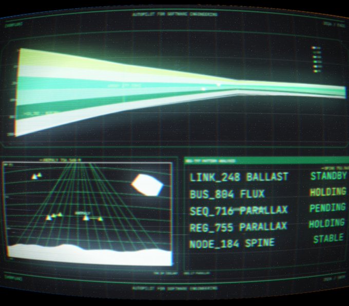 A CRT-style monitor displays a futuristic green interface with a graph at the top, a 3D radar view in the bottom left, and status readouts including LINK_248 BALLAST STANDBY, BUS_884 FLUX HOLDING, SEQ_716-PARALLAX PENDING, REG_755 PARALLAX HOLDING, and NODE_184 SPINE STABLE.