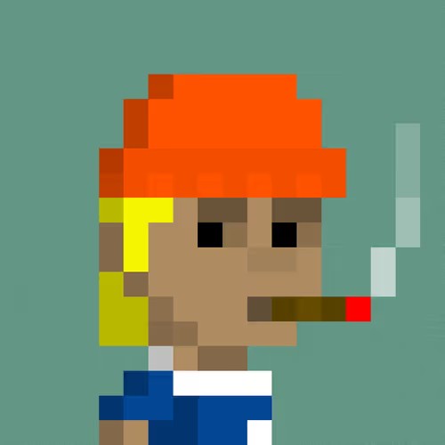 A pixel art illustration of a character with blonde hair wearing an orange beanie, holding a cigarette against a teal background.