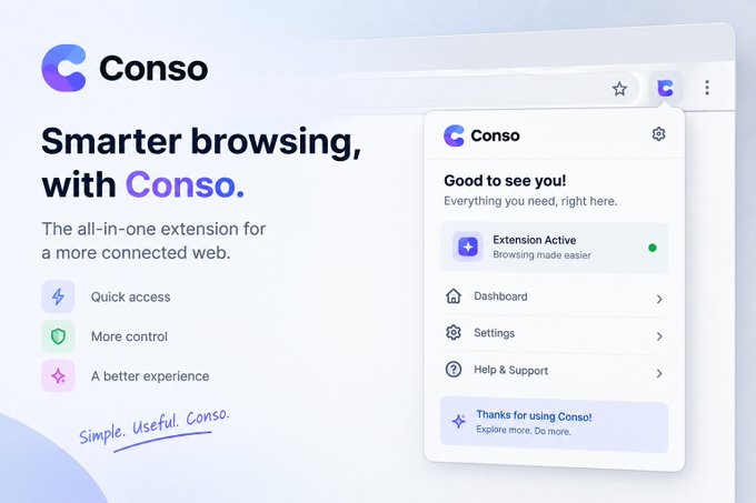A marketing graphic for 'Conso' browser extension promotes 'Smarter browsing' with an interface showing Extension Active, Dashboard, Settings, and Help & Support options.