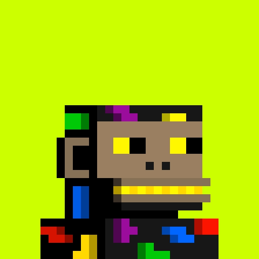 A pixel art character with a brown face, yellow eyes, and colorful geometric patterns on a black outfit is set against a bright lime green background.