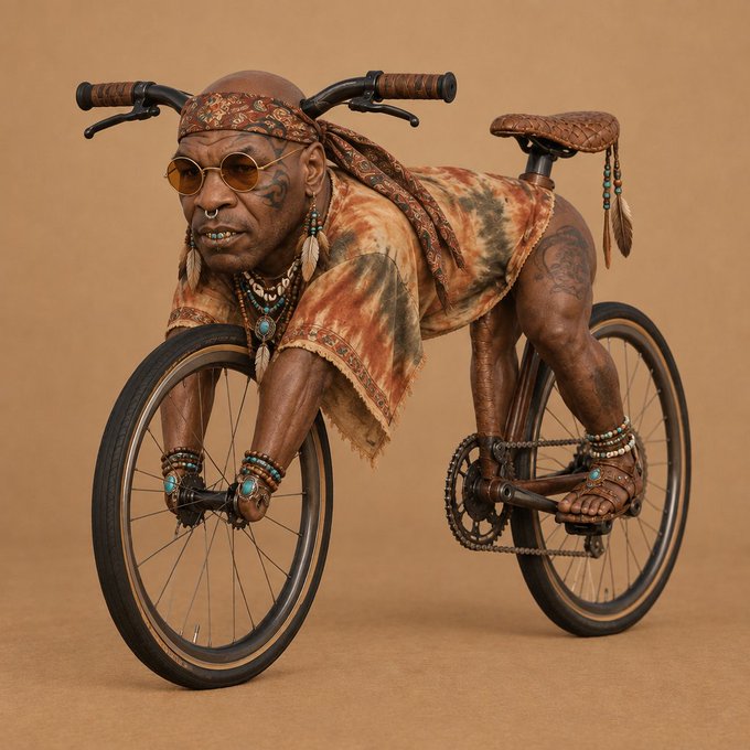 A surreal, digitally composed image shows a man in tie-dye clothing, sunglasses, and a patterned bandana posed on a vintage bicycle against a tan backdrop.