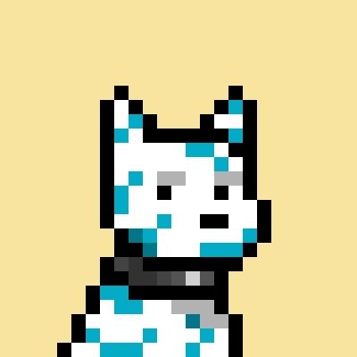 Pixel art illustration of a white and teal character or creature with pointed ears and a rectangular face on a pale yellow background.