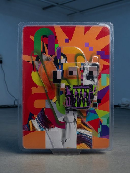 A colorful artwork featuring a distorted figure with a skull-like face, sharp teeth, and sunglasses, wearing a white shirt and tie, set against a vibrant, abstract background with the word 'WRATH' visible on the tie.