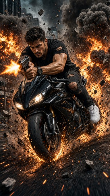 An action-packed scene of a muscular man firing a handgun while riding a black motorcycle through a fiery explosion.