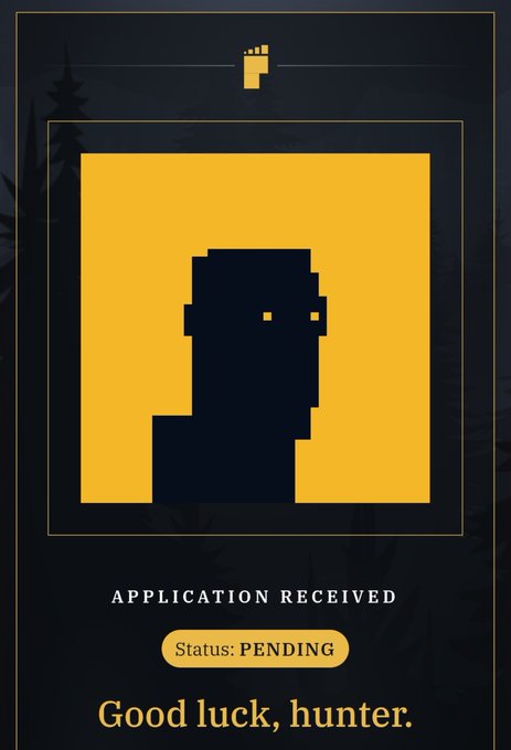 A pixel-art style graphic displays a 'PENDING' status with the message 'APPLICATION RECEIVED' and 'Good luck, hunter.' featuring a stylized character silhouette.