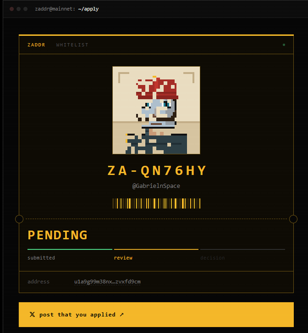 A screenshot of a 'ZADDR WHITELIST' application page showing 'PENDING' status, with a pixel art avatar, the ID 'ZA-QN76HY', handle '@GabrielnSpace', and address 'u1a9g99m38nx...zvxfd9cm'.