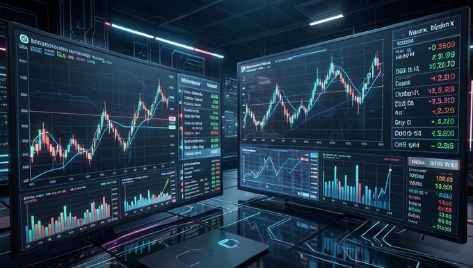 A futuristic dark trading setup displaying multiple monitors showing financial charts with candlestick patterns, line graphs, and numerical data in red and green, set in a cyberpunk-styled room with neon lighting.