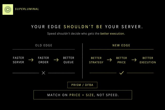 A dark-themed marketing slide for 'SUPERLUMINAL' with the headline 'YOUR EDGE SHOULDN'T BE YOUR SERVER' and 'PRISM / DFBA', contrasting 'OLD EDGE' (Faster Server → Faster Order → Better Queue, marked X) versus 'NEW EDGE' (Better Strategy → Better Price → Better Execution, marked ✓).