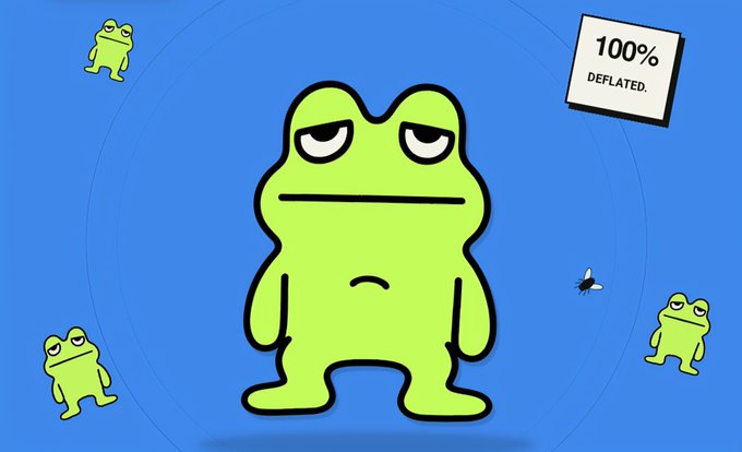 A blue cartoon shows a large unamused green frog and several smaller frogs, plus a tilted sign reading “100% DEFLATED.”