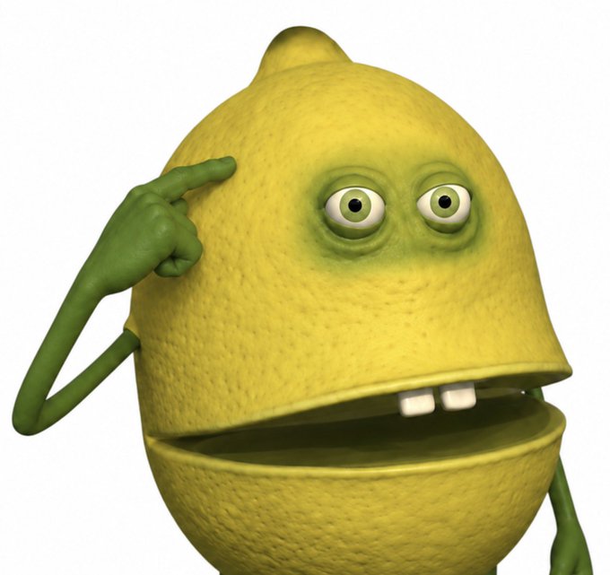 A 3D-rendered cartoon lemon character with a wide, toothy mouth points to its temple with a green hand against a white background.
