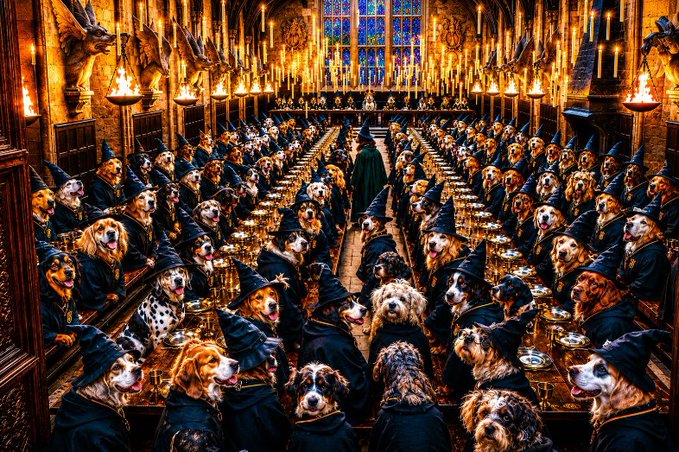 A whimsical AI-generated image depicting a grand Harry Potter-style Hogwarts dining hall filled with dogs of various breeds wearing wizard hats and robes, seated at long banquet tables illuminated by floating candles.