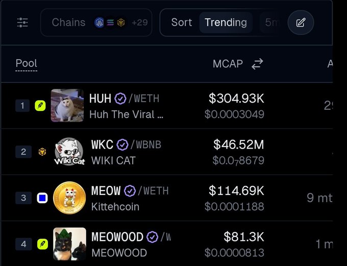 A cryptocurrency trading interface displaying trending pools including HUH/WETH ($304.93K), WKC/WBNB ($46.52M), MEOW/WETH ($114.69K), and MEOWOOD.