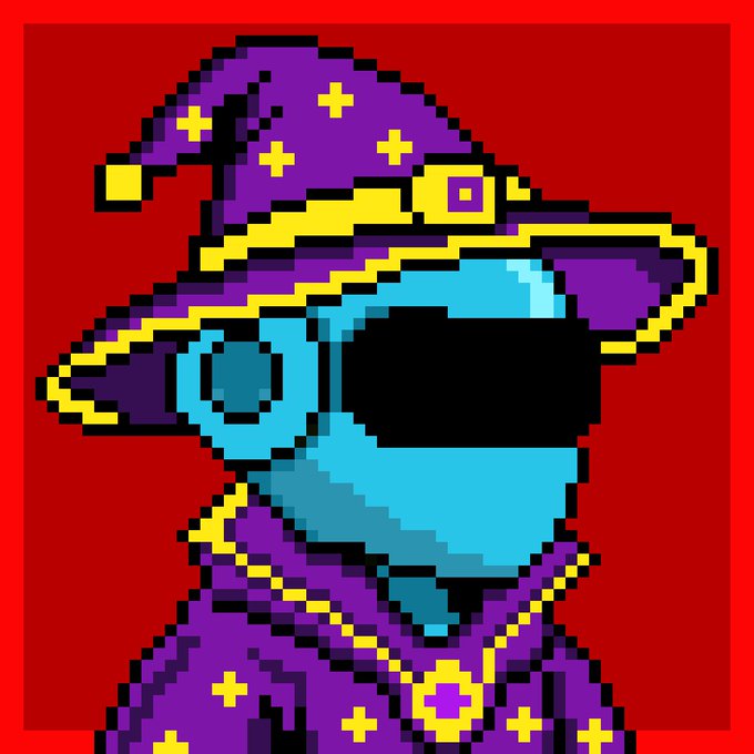 A pixel-art style character depicting a blue-skinned figure wearing a purple wizard hat with yellow stars and a matching robe, set against a red background.