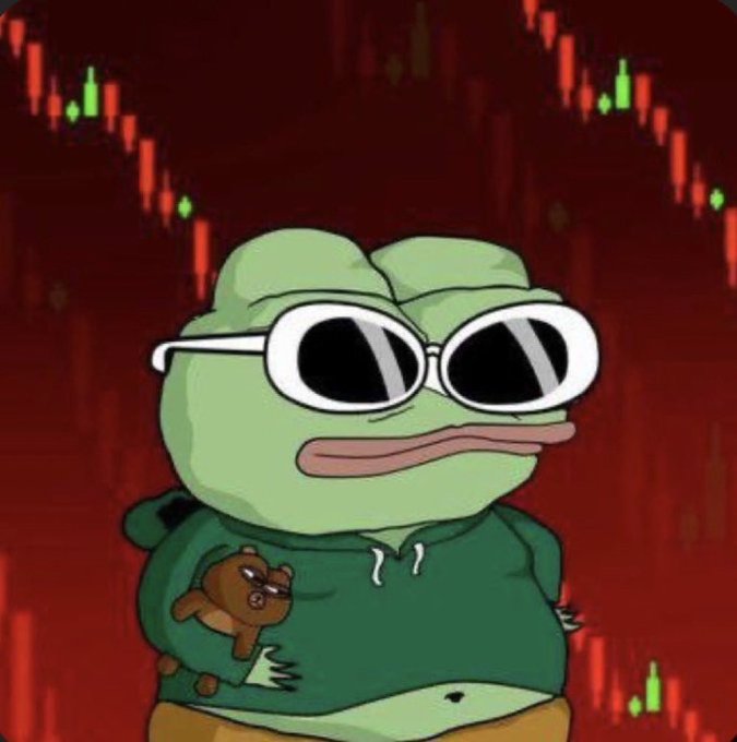 A sad Pepe the Frog meme wearing sunglasses and a hoodie featuring a teddy bear, set against a red background with downward-trending candlestick charts. The image visually reinforces the post's disappointment about MicroStrategy ($MSTR) and Bitcoin ($BTC) losing value, with the bearish chart and somber frog reflecting the poster's frustration that no one is buying at these low levels.