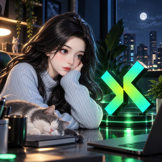 An anime-style digital illustration of a young woman in a light blue sweater resting her chin on her hand at a desk, accompanied by a sleeping cat and a glowing green 'X' logo.