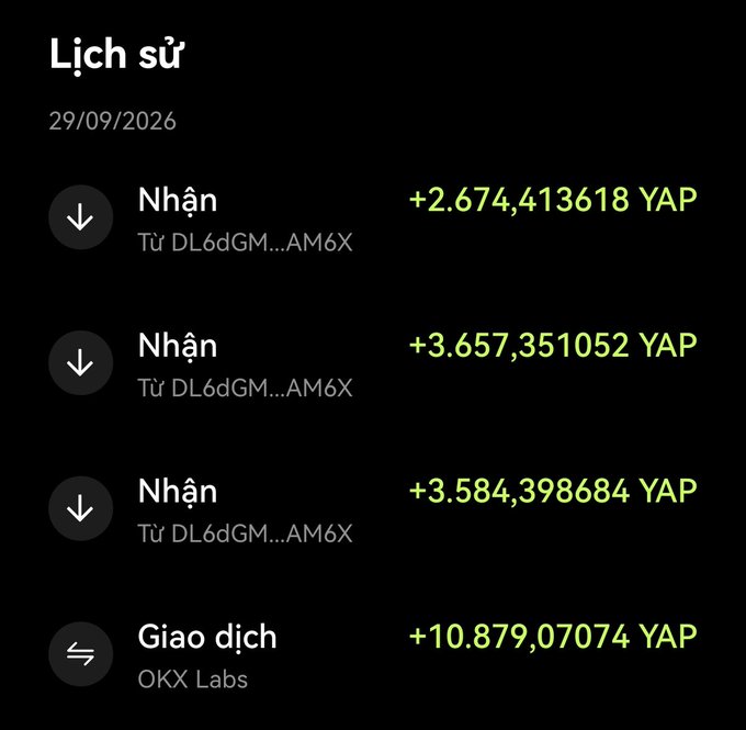 A Vietnamese transaction history ('Lịch sử') dated 29/09/2026 showing three incoming YAP token transfers from wallet DL6dGM...AM6X and an outgoing transaction to OKX Labs totaling +10.879,07074 YAP.
