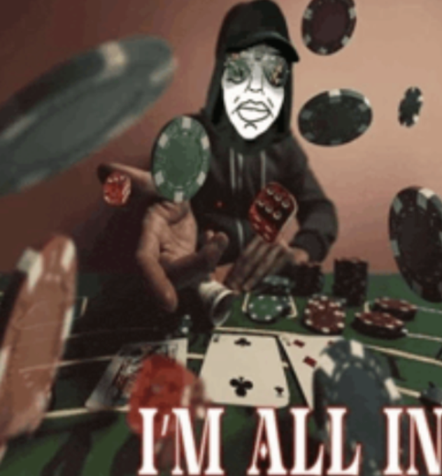 A masked figure sits at a green felt poker table surrounded by floating casino chips and playing cards, with the text "I'M ALL IN" displayed in bold red lettering across the bottom. The bold "all-in" declaration visually reinforces the post's message of aggressive, high-stakes commitment, suggesting a decisive gamble or major directional bet being placed.