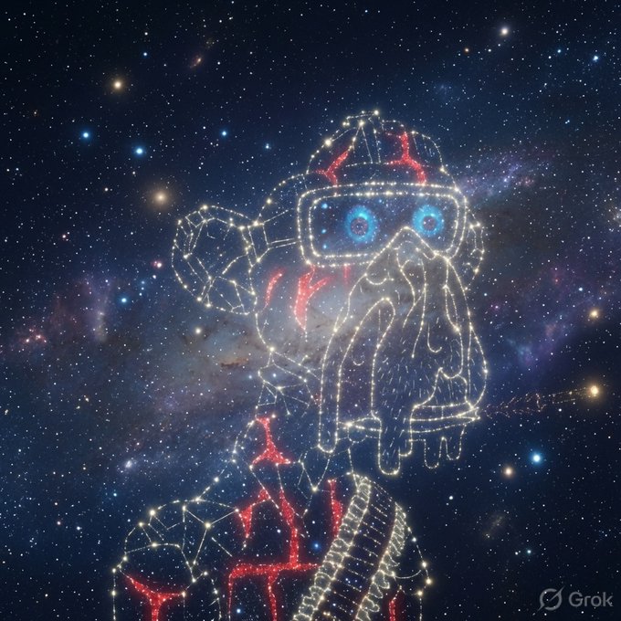 A digital artwork of a futuristic, robotic character with glowing blue eyes, constructed from constellations and stars against a cosmic galaxy background, generated with Grok.
