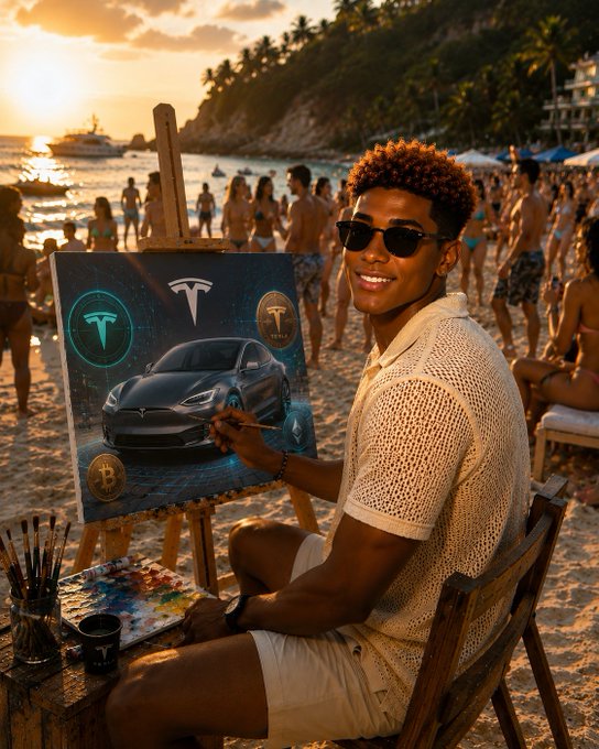 A man sits on a beach at sunset painting a Tesla car on a canvas, with crowds of beachgoers visible in the background.