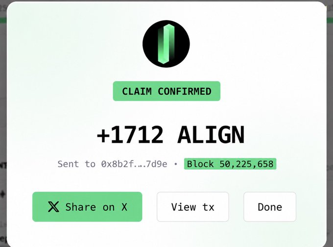 A confirmation screen showing a successful claim of 1,712 $ALIGN tokens sent to wallet address 0x8b2f....7d9e at Block 50,225,658, with options to share on X, view the transaction, or finish. The image directly verifies the post's claim that the user successfully claimed their $170 ALIGN airdrop allocation of 1,712 tokens.