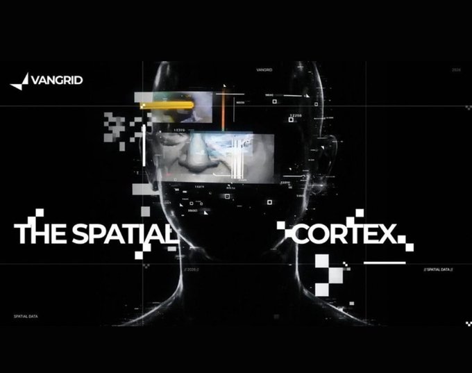 A dark, futuristic tech-themed graphic featuring 'THE SPATIAL CORTEX' by Vangrid, showing a human head with digital overlays, grid lines, and pixelated effects.