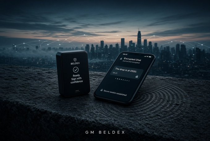 A promotional graphic for 'BELDEX' showing a smartphone displaying an 'Encrypted Chat' message and a device labeled 'BELDEX Ready Sign with confidence' against a moody, low-lit city skyline at dusk, with 'GM BELDEX' text at the bottom.