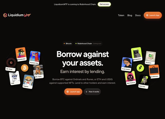 A website homepage for 'Liquidium.WTF' with the tagline 'Borrow against your assets. Earn interest by lending.' It features NFT collections and notes 'Liquidium.WTF is coming to Robinhood Chain'.
