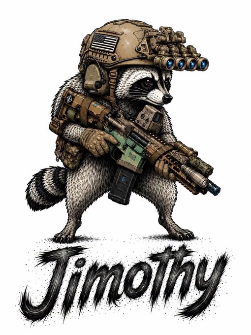 An illustration depicts a raccoon outfitted in tactical military gear, including a helmet with night vision goggles and holding a rifle, with the name 'Jimothy' written in stylized text below.