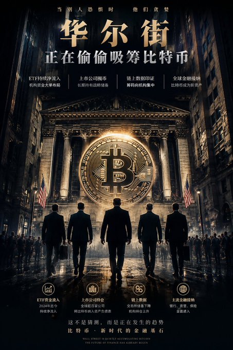 A cinematic movie-poster-style image shows silhouettes of businessmen walking toward a grand classical building (resembling the New York Stock Exchange) with a giant glowing Bitcoin coin prominently displayed between the columns, overlaid with Chinese text reading "华尔街正在偷偷吸筹比特币" ("Wall Street is secretly accumulating Bitcoin") and subtitles highlighting ETF net inflows, public company holdings, data center demands, and global financial giant involvement, visually reinforcing the post's claim that traditional financial institutions are quietly building Bitcoin exposure through ETFs and corporate treasury allocations.