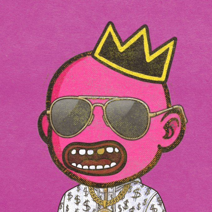 A pop-art style illustration features a pink character wearing a yellow crown, aviator sunglasses, and a gold chain, set against a bright pink background.