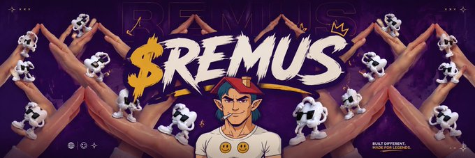 A purple banner for "$REMUS" featuring a cartoon character wearing a red cap surrounded by repeated hand gestures and small dog figures, with the tagline "BUILT DIFFERENT. HELD FOR REASON."