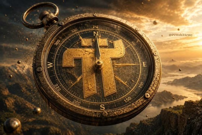 A weathered golden compass emblazoned with the Pi (π) symbol floats against a dramatic sunset landscape, bearing cardinal direction markings (N, E, S, W) and degree numbers (150-330) along its rim, with the handle "@PiWeb3Army" visible on the right side. The imagery of a compass symbolizes Pi Network's strategic directional shift from mining toward service infrastructure, while the rugged, pioneering terrain reflects the forward path being charted for developers and businesses.