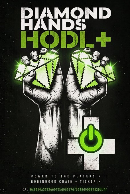 A promotional graphic with the text 'DIAMOND HANDS HODL+' showing illustrated hands holding glowing green diamonds and a power button symbol, referencing 'ROBINHOOD CHAIN' and a contract address.