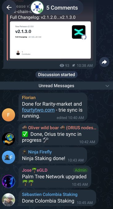 A Telegram chat interface shows messages about Rarity-market, fourtytwo.com trie sync, Orius trie sync, Ninja Staking, Palm Tree Network upgrade, and Colombia Staking, with a notification about a Full Changelog update to v2.1.3.0.