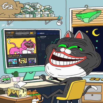 A digital illustration depicts a grinning cat character sitting at a desk, working on a computer displaying what appears to be a cryptocurrency or NFT website.