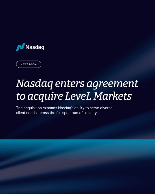 A Nasdaq Newsroom graphic announcing the company's agreement to acquire Level Markets, with text reading "Nasdaq enters agreement to acquire Level Markets" and a subtitle noting the acquisition "expands Nasdaq's ability to serve diverse client needs across the full spectrum of liquidity."