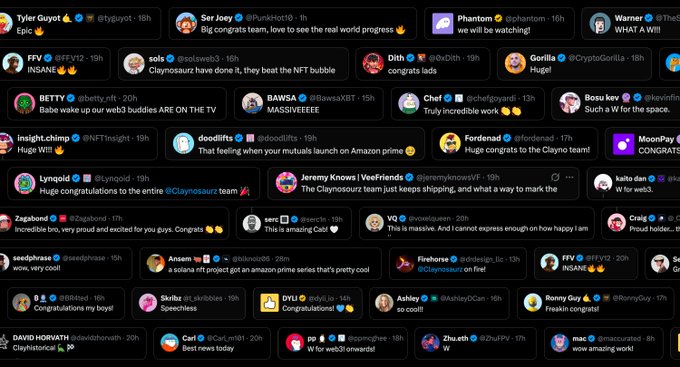 A collection of congratulatory Twitter replies celebrating @claynosaurz's milestone of being featured in an Amazon Prime series, with users like TylerGuyot, Ser Joey, Phantom, Warner, BV, and many others praising the team's achievement and historic breakthrough for web3 native IP. The replies include emojis of celebration and excitement, with users expressing pride in the claynosaurz team's accomplishment and its significance for the broader NFT space.