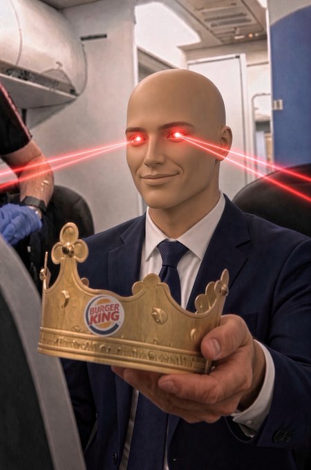A man in a suit wearing a Burger King paper crown displays menacing red laser beams shooting from his eyes, evoking the "Laser Eyes" meme popularized among crypto and stock traders. The image humorously ties to the post's $STONK prediction, suggesting an imminent explosive ("crime candle") upward move in the stock/crypto market.