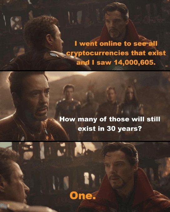 An Avengers meme featuring Doctor Strange and Tony Stark discussing the 14,000,605 cryptocurrencies in existence, concluding that only 'One' will survive in 30 years.