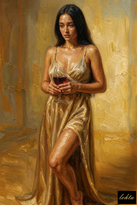 An oil painting depicting a young woman with long dark hair, wearing a cream-colored slip dress, holding a glass of red wine with both hands against a textured yellow background. The artist's signature "lekta" appears in the bottom right corner.